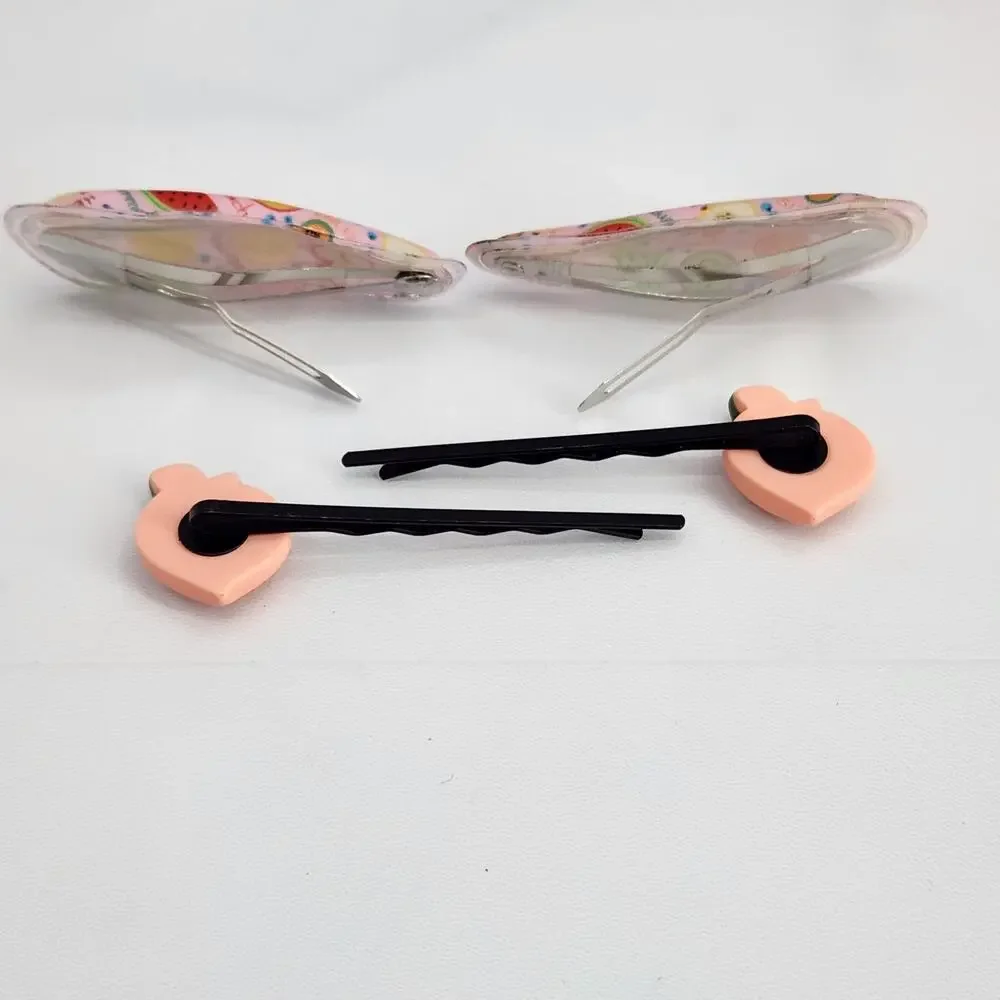 4 pc Fruit Hair Accessories 2 Peach bobby pins 2 Multi Fruit snap barrette clips